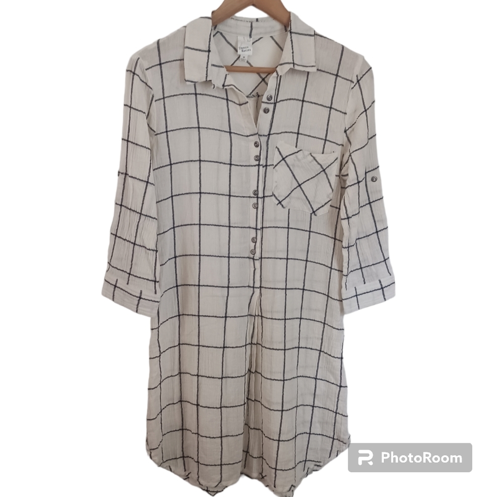 Design Recipe Tunic Shirt Dress Coverup button Up 3/4 sleeve 100% cotton